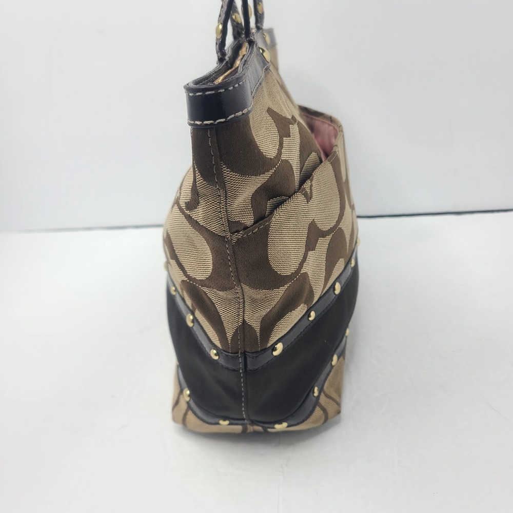 COACH Signature Stripe Studded Brown Tote Handbag Monogram C Pattern F20014 - Picture 5 of 10